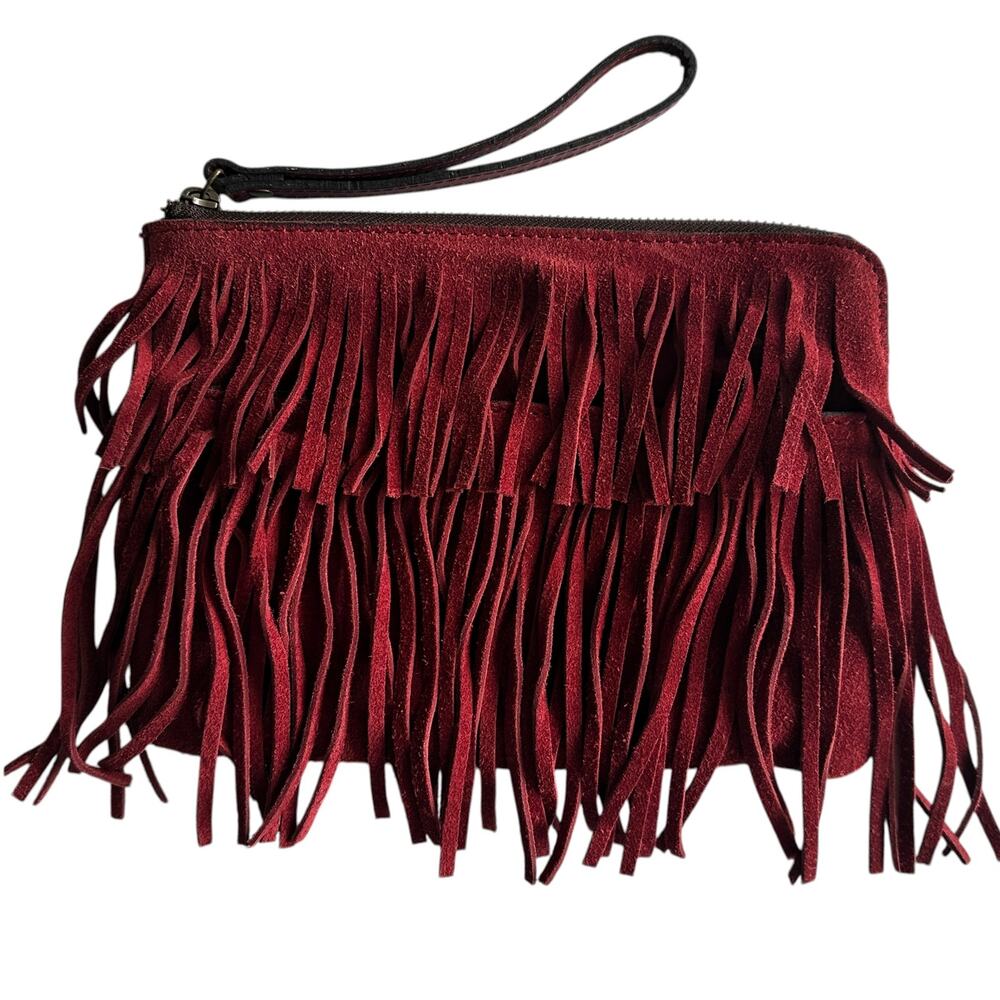 Patricia Nash Dark Red Fringe Wristlet Italian Suede Leather Boho Purse Festival